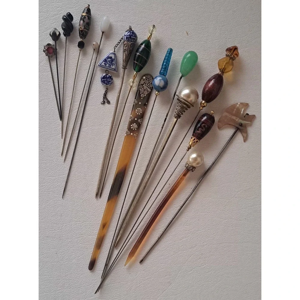 Lot Of 15 Antique Hatpins Jade Glass Lucite Porcelain Cloisonné